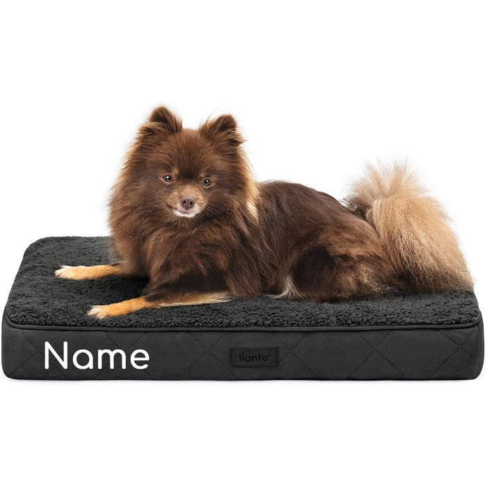Ортопедичне ліжко для собак Lionto, 112x81x8 см, міцне, з м'яким плюшем, знімний та пральний чохол, водовідштовхувальне, для собак та котів, з нанесенням імені (60x40x8 см, чорне)