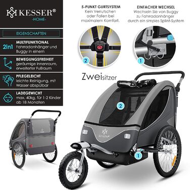 Дитячий велопричіп KESSER® 2в1 з поворотним механізмом 360° та амортизацією. Підходить для 1-2 дітей (до 40 кг). З п'ятиточковим ременем безпеки та сигнальним прапором. Колір: світло-сірий.