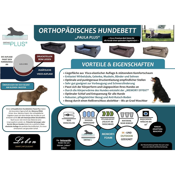 Лебон - Ортопедичне ліжко для собак Паула Плюс, Чорний колір - 3 розміри (80, 100, 120 см), з блискавкою, для прання, легко чиститься, водовідштовхувальне (XL)