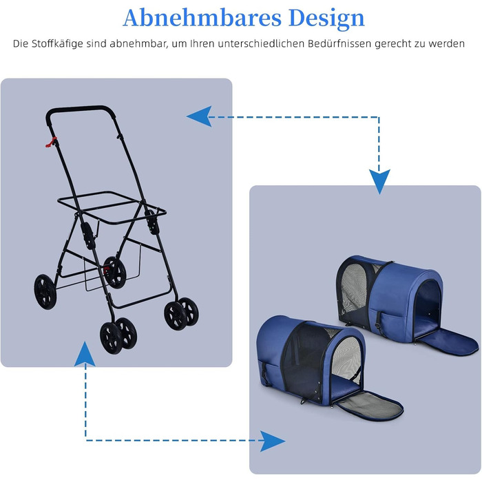 GYMAX Складаний візок для собак, буги для тварин з 2 знімними кишенями, візок для собак з передніми та задніми дверцятами, переноска для домашніх тварин з сітчастою тканиною та колесами з гальмами, переноска для собак та котів (Блакитний)