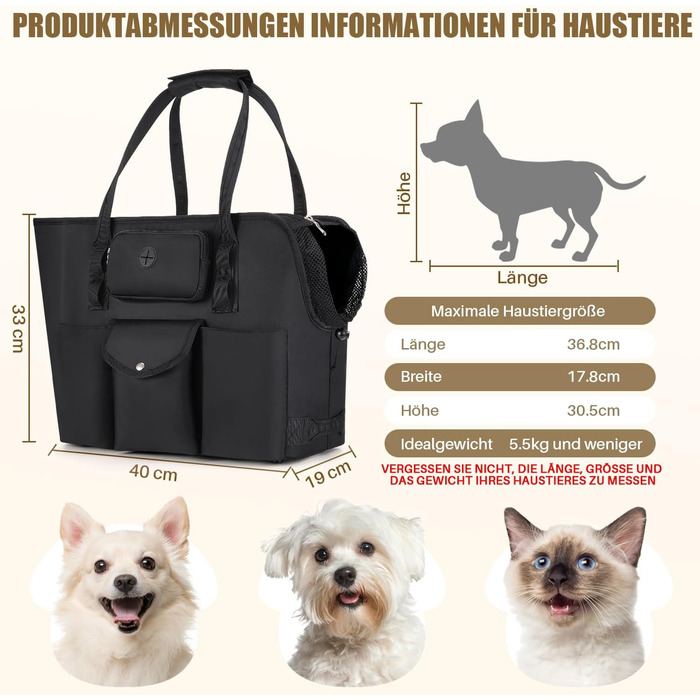 Транспортна сумка для собак та котів Eyein - чорна, до 5,5 кг, з кишенями та страхувальним ремінцем