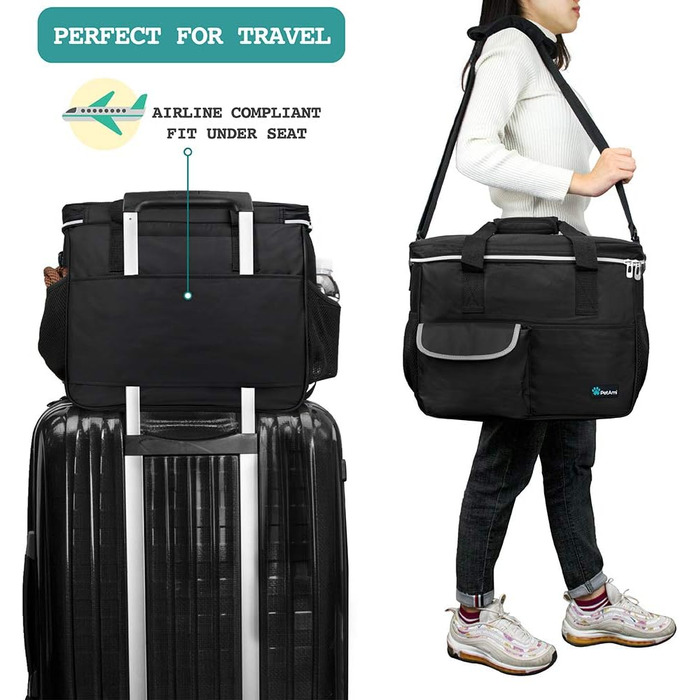 PetAmi Сумка-органайзер для собак та котів, дорожня сумка для годування з контейнерами та мисками, аксесуари для подорожей, подарунок для кемпінгу, сумка для переодягання (середня) - 14.5L x 8W x 12H, Чорний