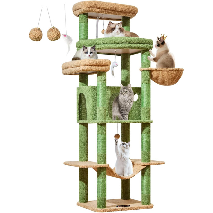 Когтеточка для котів Taoqimiao 180 см XXL, великий котячий комплекс для Maine Coon з будиночком, гамаком, великою платформою, 9 стійок для дряпання, кошиком, зелений
