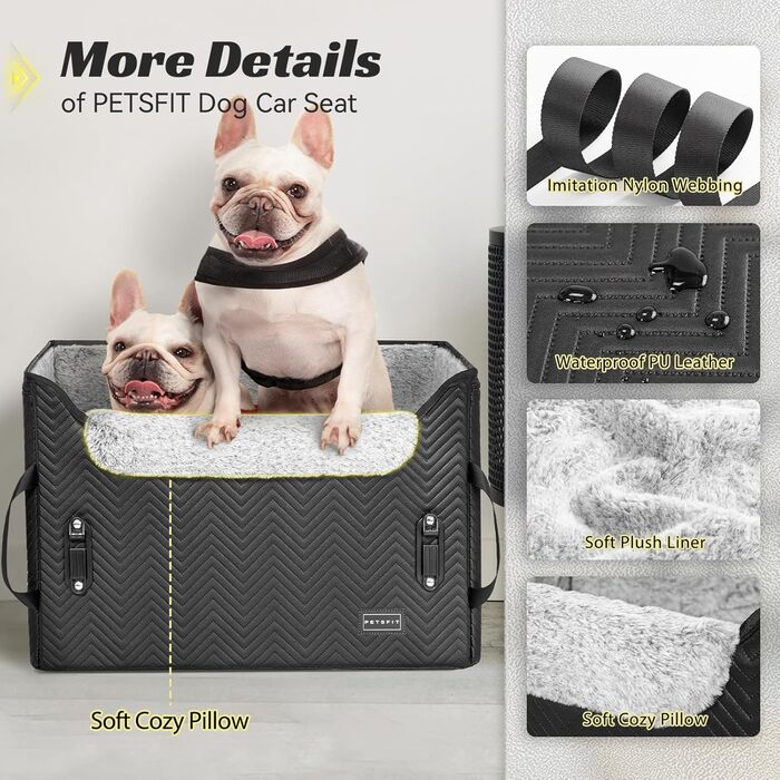 Крісло для собак Petsfit: зручне автокрісло для маленьких та середніх собак, чорна шкіра, з 2 ременями безпеки