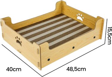 Кігтечка для котів з картону велика XXL, лежанка-кігтеточка, коробка для котів, кігтешкребок, килимок для котів з високоякісного гофрокартону та дерева, 48,5x40x15,5 см, подарунок для любителів котів, жовто-білі смуги