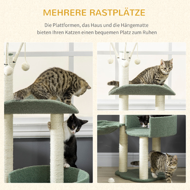 PawHut Cat Tree 123H см Лазильне дерево з кошиком і м'ячем, сизалева колона, ДСП, зелений + кремовий білий| Аосом