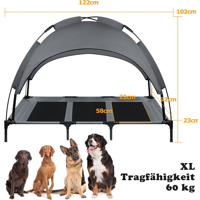 Підвищене собаче ліжко з дахом, сонцезахист, ліжко для домашніх тварин з балдахіном, лежанка для собак на вулицю, собаче диван, антиковзні підкладки, водонепроникний дах та дихаюча сітка, розмір L 92x76x92 см (XL - 122x92x102 см)