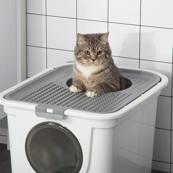 Туалет для котів PawHut із кришкою та лопаткою, пластиковий, для котів до 5 кг, сірий+білий, для дому, 44x55x39 см