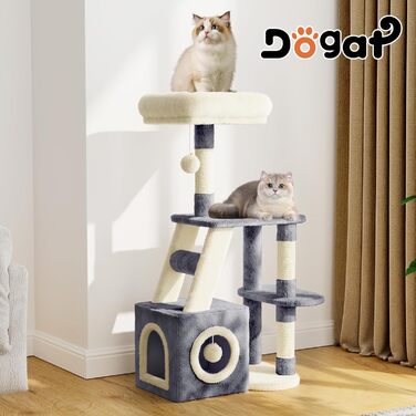 Кігтеточка для котів Dogat 107 см: багатоярусна, з будиночком, лежаком та ігровими елементами (сірий/бежевий)