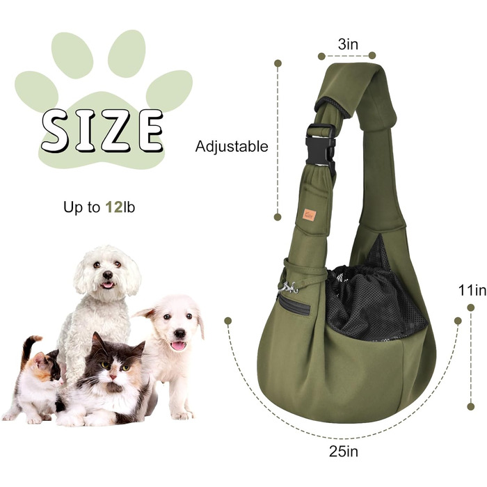 Сумка-переноска для собак CUBY, регульована, двостороння, для маленьких та середніх порід, з безпечним ременем, кишенею на блискавці, знімною підстилкою та підкладкою на плече, зелена, оновлена