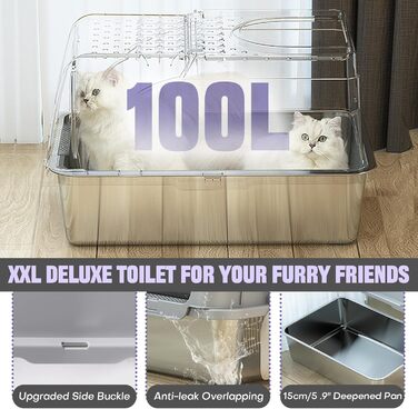 Лоток для котів Julymoda XXL 100L з совком, килимком і кришкою, нержавіюча сталь, з високим бортом, 2 входи, 62x42x40,5 см, сріблястий