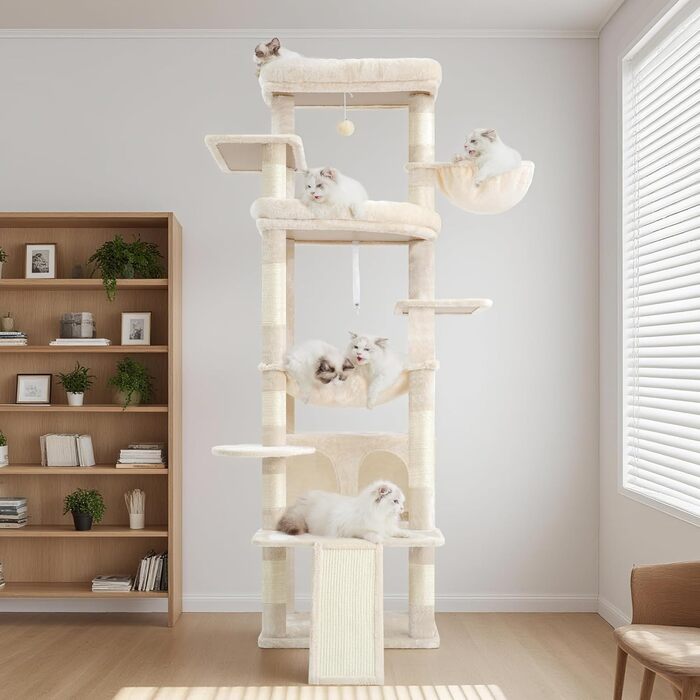 Драбина-кіготь Heybly HCT038W (Бежева) 202 см з 2 великими лежаками, когтеточкою, гротом, кошиком, сизалевим стовпом та гамаком. Підходить для дорослих котів