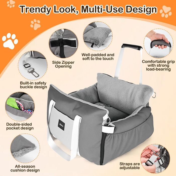 Автокрісло для собак 3-в-1 з розкладним ліжком – переносна автолюлька для маленьких собак, з м'яким матрацом, для переднього або заднього сидіння, внутрішнє та зовнішнє використання (02-Сірий)