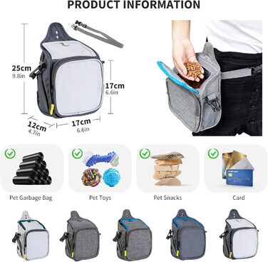 PETCUTE Сумка для тренування собак, міцна сумка для ласощів, сумка для перекусів для собак зі змінним плечовим ременем, поясний ремінь і кліпса (темно-сірий + сірий)