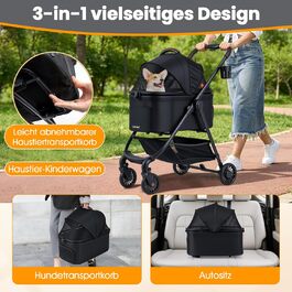 Візок для собак Costway 3 в 1, чорний: візок-будка, сумка-переноска, з регульованим дахом та корзиною