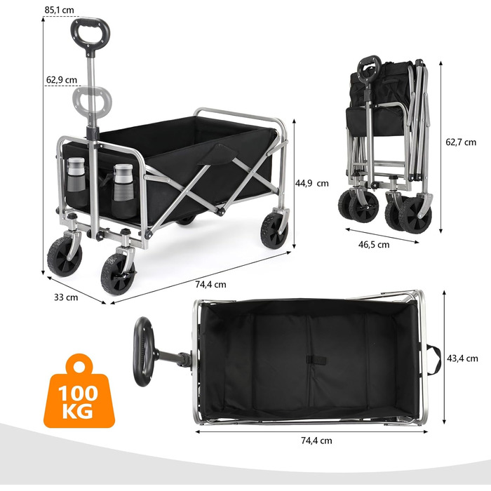 Бонло Котловий візок складний, 100 кг, 600D Оксфорд, сталевий каркас, 74,5×45,5×84 см, чорний