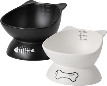 Набір мисок для котів Navaris: 2 миски по 400 мл з позначеннями об'єму, піднята годівниця, кераміка, стильний дизайн