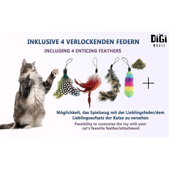 DigiMouse інтерактивна іграшка для котів з голосовою активацією, 4 змінними пір'їнами, котячою м'ятою, електричний котячий м'яч, LED-підсвітка, USB-C