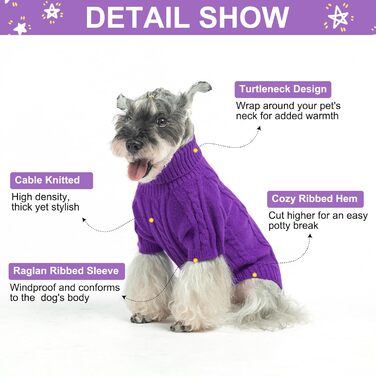Пуловер для собак BEAUTYZOO - Теплий різдвяний пуловер з високим коміром для маленьких собак, цуценят, Чихуахуа, Йоркширського тер'єра - Колір: фіолетовий, Розмір: SM (Спина: 36 см, Груди: 46 см, Шия: 28 см)