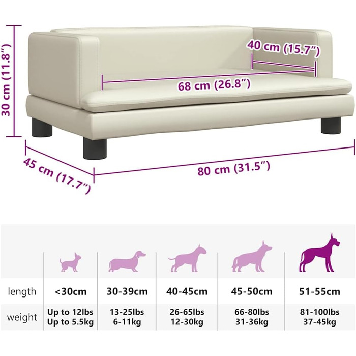 Крісло-ліжко для собак, м'яке лежанка для тварин, диванчик для маленьких собак та котів, штучна шкіра, 80 x 45 x 30 см, кремовий колір