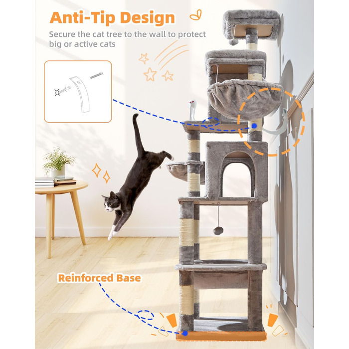 Котячий комплекс Taoqimiao MS044W, 190 см, сірий: багатоярусна котяча вежа з 2 будиночками, гамаком, 8 стовпчиками для дряпання та 2 підвісними кошиками