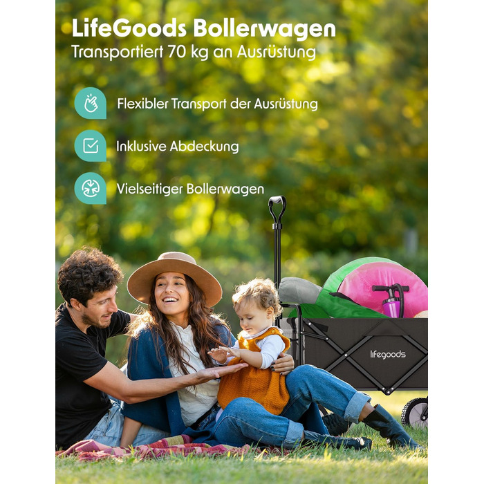 Візок-тачка LifeGoods розкладний сірий – 98x45 см, 94 л, поворотні колеса