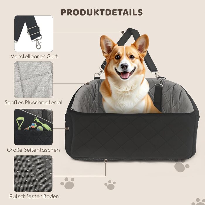 Автомобільний лежак для собак та котів, з кишенями для зберігання, з ременями безпеки, чорний та сірий