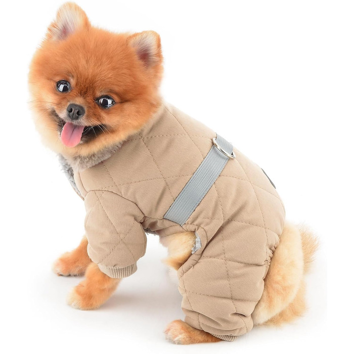 PAIDEFUL Зимовий теплий одяг для собак, з флісовою підкладкою, стьобаний з світловідбиваючим поясом, комбінезон на 4 лапи, пухнастий комір, м'який, вітронепроникний, для цуценят, осінь-зима, розмір XL (спина 35см, груди 47см), колір хакі