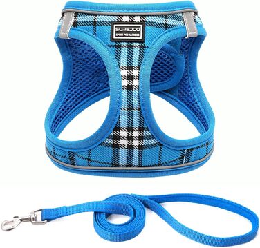 Нашийник для собак маленьких порід з повідком, анти-тягнучий, світловідбиваючий, дихаючий, нагрудник для цуценят (S, обхват грудей: 29-33см) (Синій в клітинку, XL (обхват грудей: 46-53см, вага: 8-10.5кг))