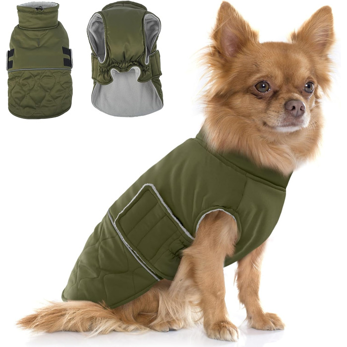 Зимовий теплий одяг для собак маленьких порід: куртка, жилет, теплий костюм для Чихуахуа, Звергшпіца, Йоркширського тер'єра (Армійний зелений, XS)