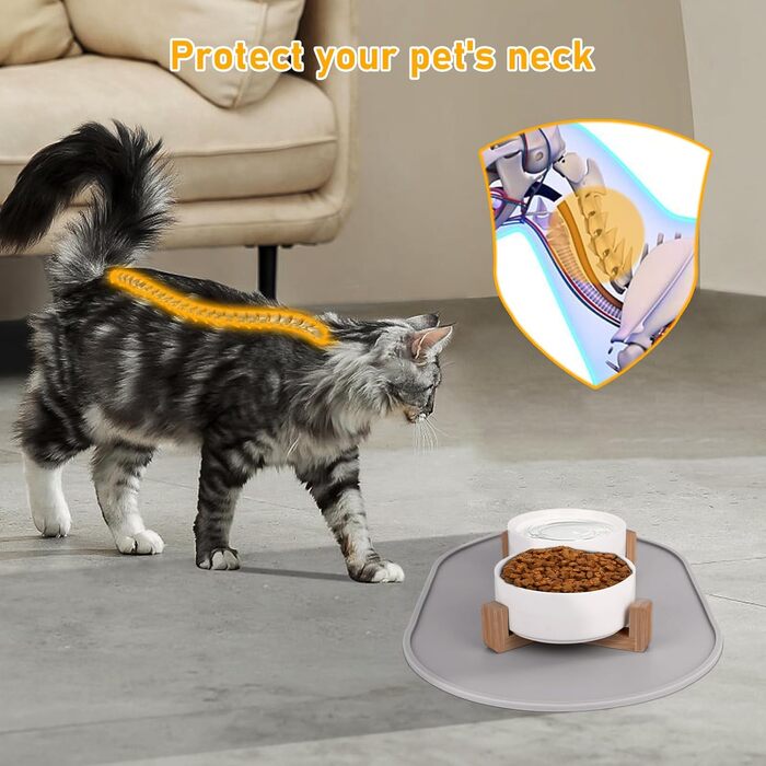 Набір мисок для котів 2 шт. з кераміки з підставкою з бамбука та силіконовим килимком - 2 x 400 мл