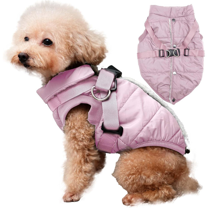 Тепла куртка для цуценят на шлейці, рожева, XS. М'яка, вітронепроникна жилетка для маленьких собак, тепла підкладка з флісу. (1 шт.)