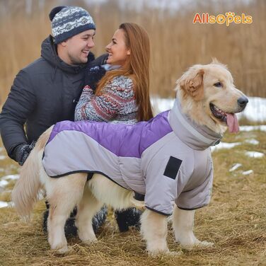 Водонепроникний дощовик для собак середніх та великих порід від ALLSOPETS, тепла зимова куртка з світловідбиваючими смугами, вбудованим повідком, вітрозахисний, для холодної погоди (Королівський фіолетовий, 4XL)