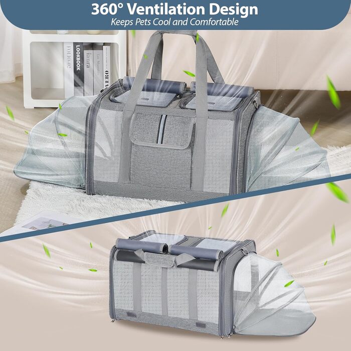 Розширювана переноска для котів та собак великого розміру на 2 тварин - переноска-рюкзак для котів та маленьких/середніх собак з розширенням з обох сторін, знімним вкладишем та кишенею для зберігання, сірого кольору - велика
