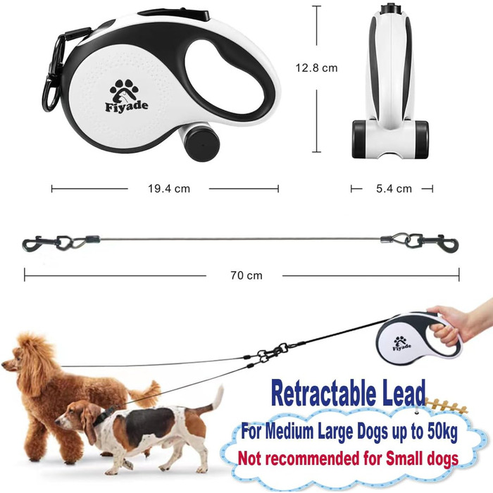 Висувна собача повідка, 5 м: повідка з двома карабінами, повідка для 2 собак, подовжена повідка для собак середніх та великих порід до 50 кг, білий та чорний колір