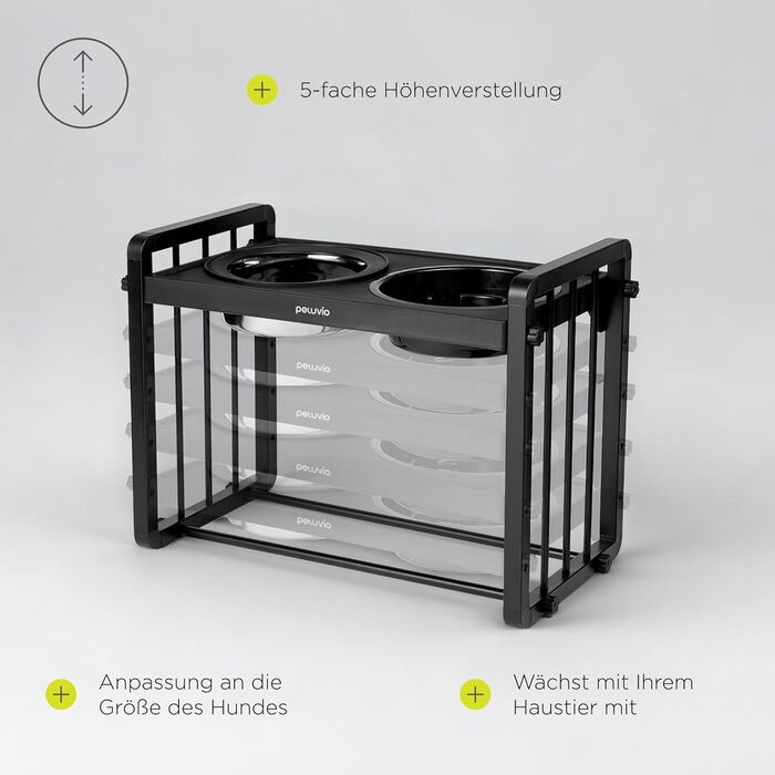 Миска для собак Peluvio Levee з регульованою висотою, 5 рівнів, 1100 мл (для їжі) + 1450 мл (для води), металевий стенд, уповільнювач подачі, кут 10°