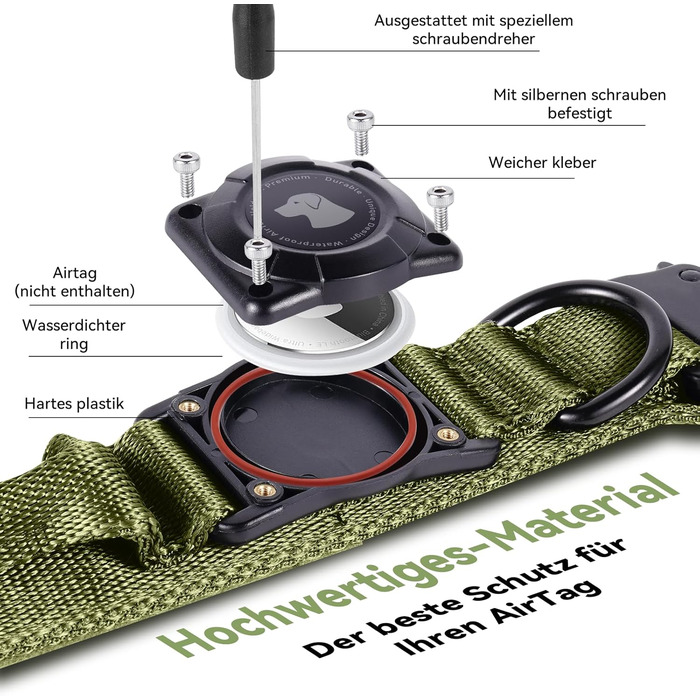 Тактичне собаче нашийник DE JIARUI з ручкою, водонепроникний Airtag нашийник для собак, товстий регульований нашийник для собак з м'якою підкладкою, металева застібка для собак середніх та великих порід (зелений, M(15'-19')) Зелений L(18'-23')