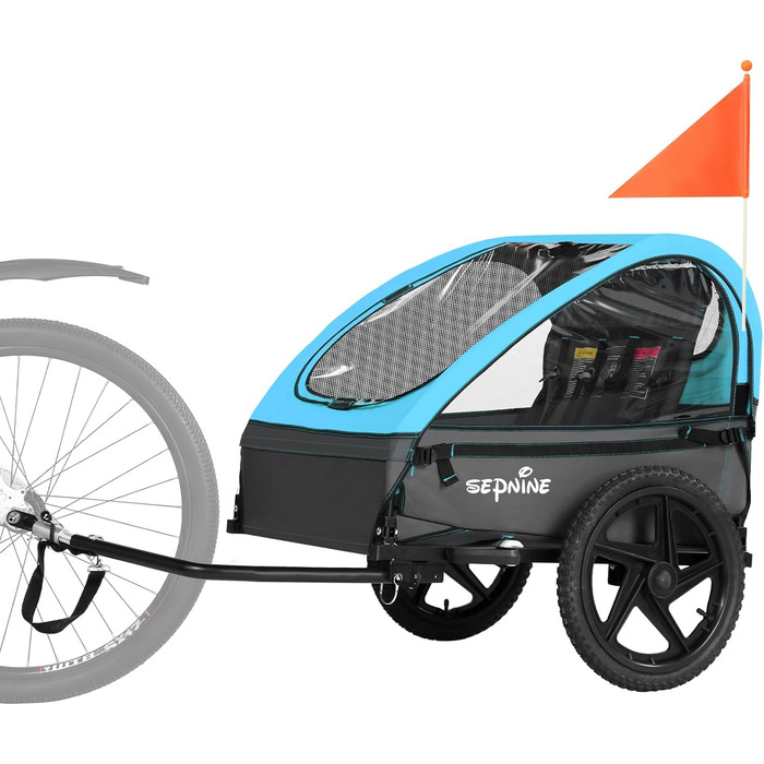 Дитячий велопричіп Sepnine для 2 дітей, від 12 місяців, з 5-точковим ременем та сумками, синій BT609