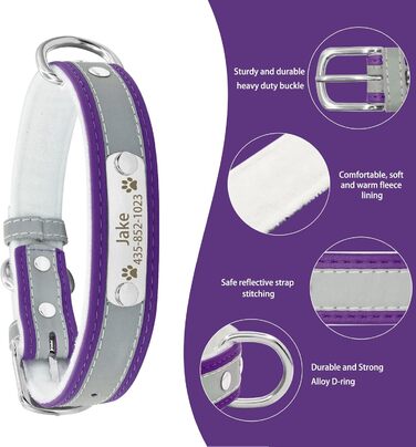 Персоналізоване відбиваюче нашийник та поводок для собак Senristar з гравіюванням, для малих, середніх та великих собак та котів (L, ширина 2,5 см, обхват шиї 34-45 см), фіолетовий комплект