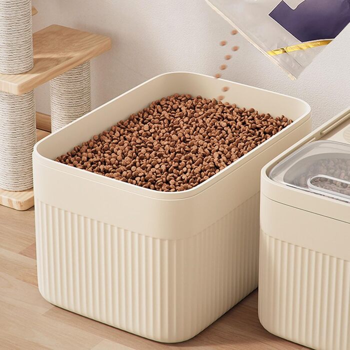 Пластиковий контейнер для корму для собак, 13,6 кг, контейнер для ласощів з лопаткою, великий об'єм, герметичний, складаний, для котячого корму, корм для тварин, зберігає свіжість, бежевий: 36 x 25 см