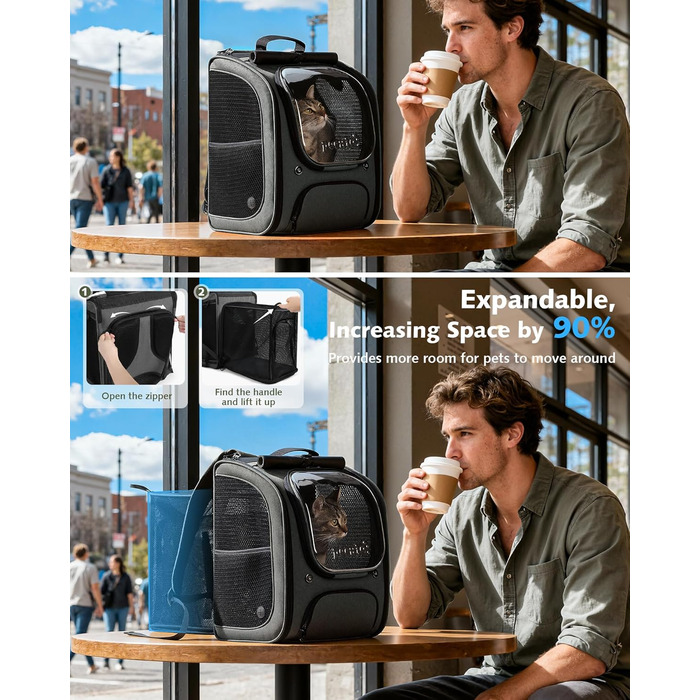 Pecute Рюкзак-переноска для кота з віконцем-сіткою, дихаючий та легкий рюкзак для тварин, великий (32 x 26 x 42 см, сірий, розширюваний)