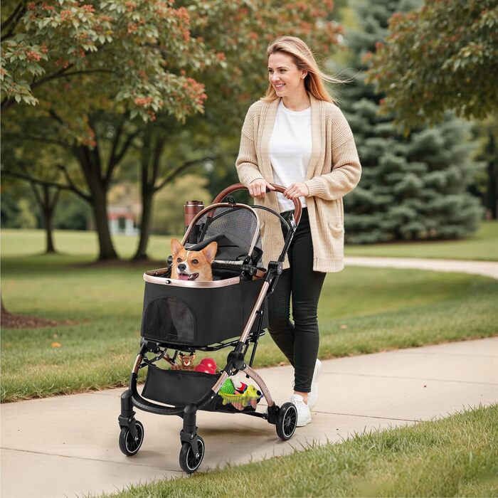 Трансформер для котів та собак Gimars до 20 кг, чорний: візок-переноска, 4-в-1, з гальмом, регульована ручка, дощовик