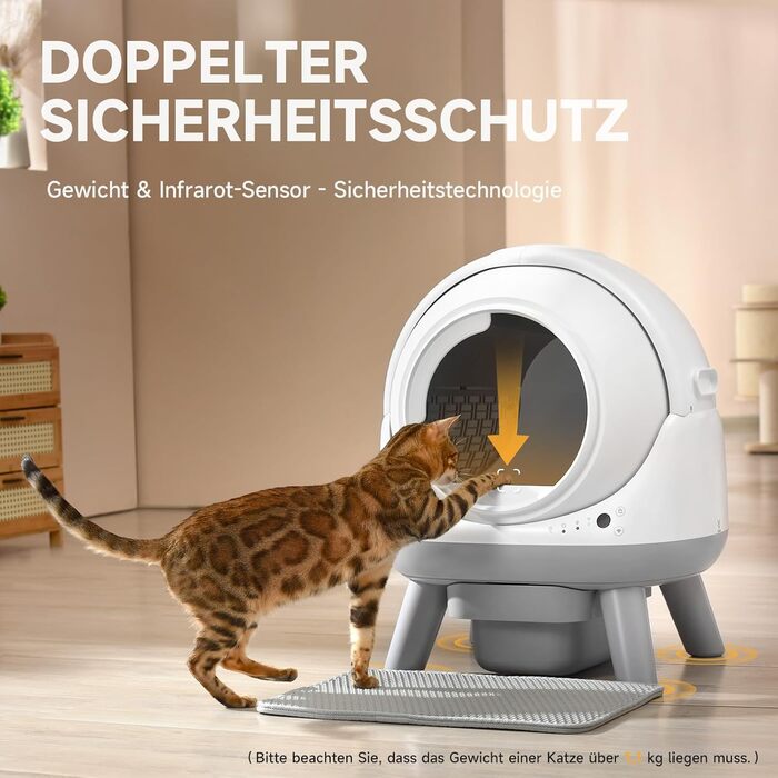 Автоматичний лоток для котів ELS PET з самоочищенням, захистом від розльоту, керуванням через додаток, без запаху, з килимком для котячого туалету та пакетами для сміття (для кількох котів) (Чорний та Сірий) (Білий Сірий)