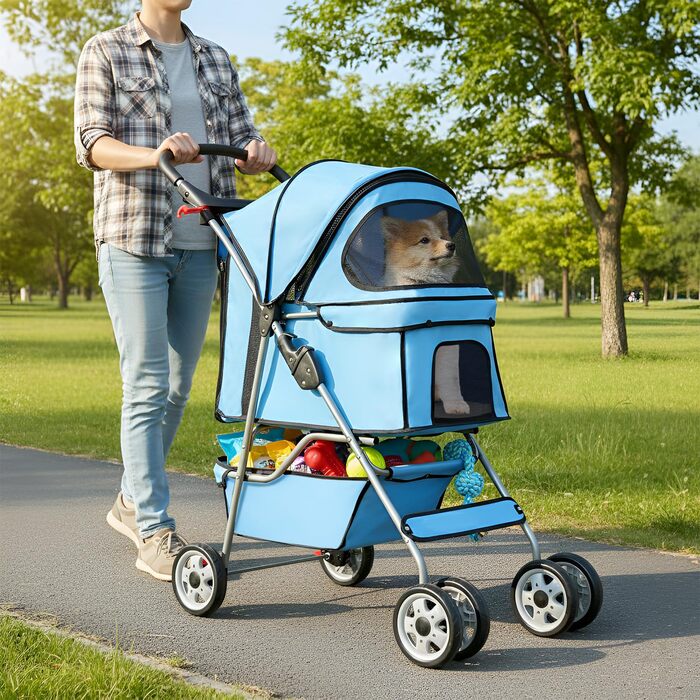 Візок для собак та котів, складний, блакитний, до 15 кг, з кошиком та килимком