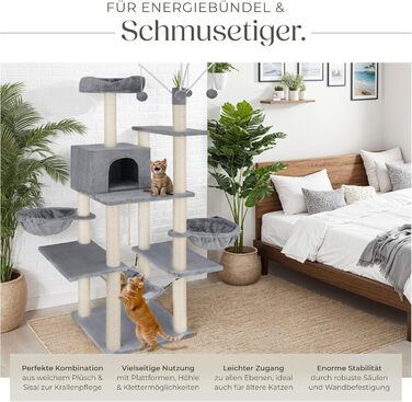 Дерево для котів tectake® XXL, велике, з лежаками, гамаком, будиночком, іграшками, мотузкою, стовпчиком для шліфування, чорний (сірий) - 165 см