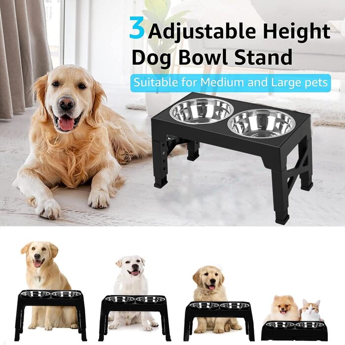 Набір мисок для собак з регульованою висотою, 2 шт. з нержавіючої сталі, для великих, середніх та малих собак