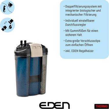 Зовнішній фільтр Eden FET 300 для акваріумів до 300 л з RCA обігрівачем, подвійна система фільтрації, тихий, компактний, для шафи