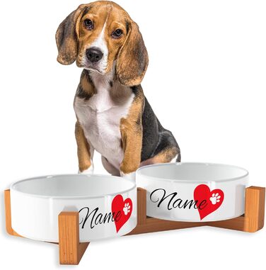 Персоналізований годівниця для собак OWLBOOK Herz з іменем, керамічний подвійний набір, бамбуковий каркас, 300 мл