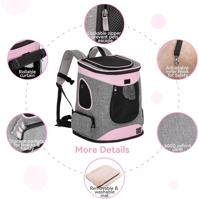 Рюкзак для кота та собаки Petsfit - зручний та дихаючий, до 5 кг, з сіткою та регульованим ременем, зелений (сірий & рожевий)