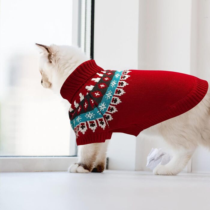 Пуловер для собак EXPAWLORER Fair Isle з візерунком Fair Isle - стильний светр, кофта для цуценят, маленьких, середніх та великих собак, з високим коміром, червоного кольору, розмір M